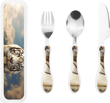 3-Piece Kids Silverware Set With Storage Case, Stainless Steel Reusable Children Safe Knife Spoon Fork Set Easter Bunny Eggs Spring Flower Rabbit Children Flatware Set For Kids Lunch Box