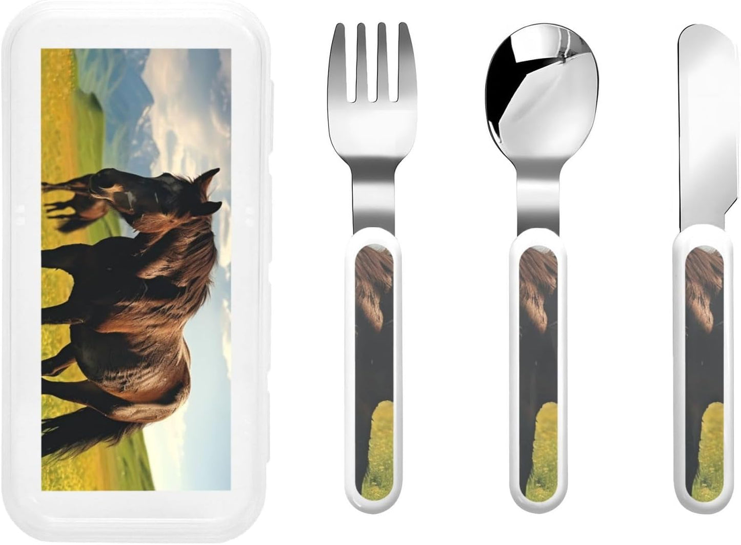 3-Piece Children Utensils Set Grazing wild horses Knife Spoon Fork Set Stainless Steel Silverware Set Easy-Grip Reusable Utensils Set Child Flatware Set with Case for Lunch Travel