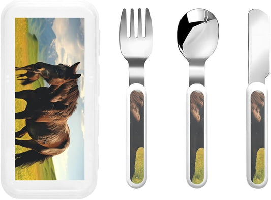 3-Piece Children Utensils Set Grazing wild horses Knife Spoon Fork Set Stainless Steel Silverware Set Easy-Grip Reusable Utensils Set Child Flatware Set with Case for Lunch Travel