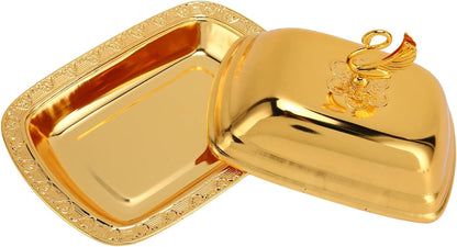 Stainless Steel Serving Tray, 7"x 5" Appetizer Plates with Swan Handle Lid, Fruit Dish Snack Serving Tray Decorative Dessert Platter Candy Holder for Wedding Home Birthday Party (Gold)