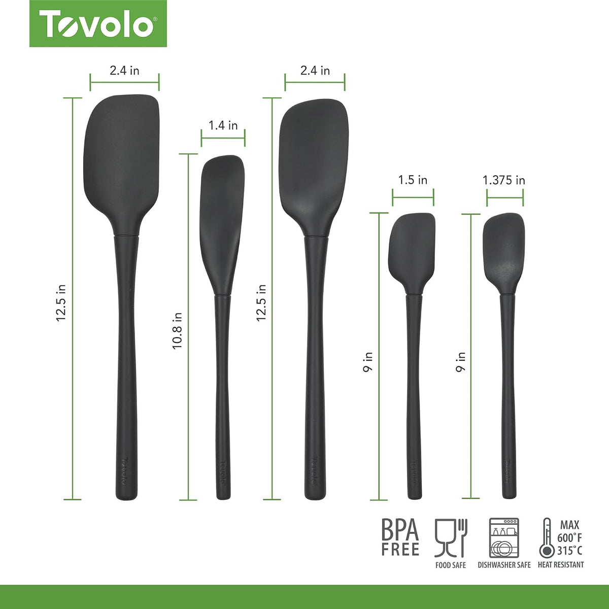 Tovolo Flex Core 5 Piece Silicone Spatula Set Heat Resistant All Silicone Utensils Include Non Stick Spatula Spoonula Jar Scraper, Dishwasher Safe BPA Free Spatulas for Baking Mixing, White