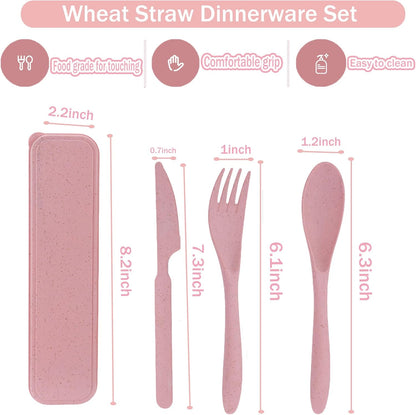 2 Pack Travel Utensils Set with Case, Wheat Straw Reusable Cutlery Set, Portable Spoon Knife Fork Tableware for Lunch Box, Picnic, Camping, Office, BPA Free for Adults Kids