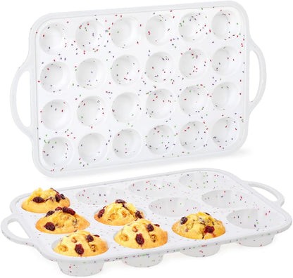 CAKETIME Mini Muffin Pan, Metal Reinforced Frame Mini Cupcake Pans 24 Cups Nonstick Muffin Silicone Molds with Handle for Baking Muffins, Cupcakes, Egg Bites 2 Pack
