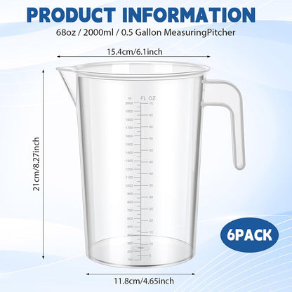6 Pack 2 Liters/2000 ml Plastic Measuring Pitchers Graduated