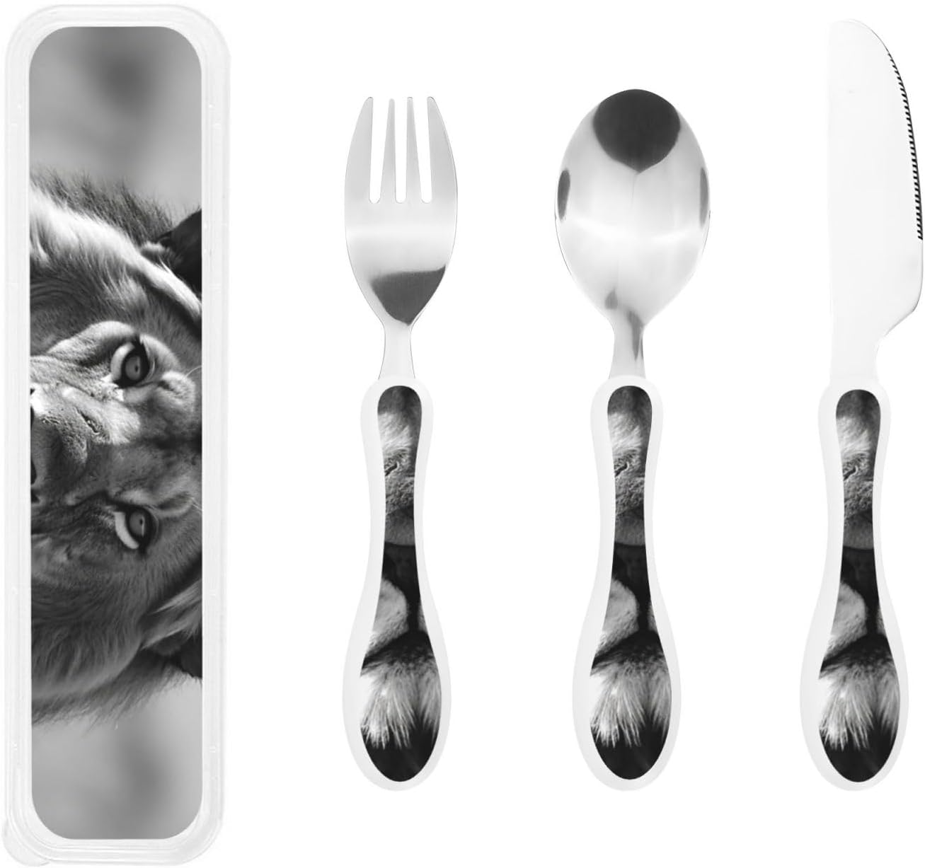 3-Piece Kids Silverware Set With Storage Case, Stainless Steel Reusable Children Safe Knife Spoon Fork Set African Lion Black And White Children Flatware Set For Kids Lunch Box