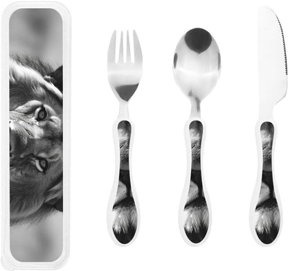 3-Piece Kids Silverware Set With Storage Case, Stainless Steel Reusable Children Safe Knife Spoon Fork Set African Lion Black And White Children Flatware Set For Kids Lunch Box