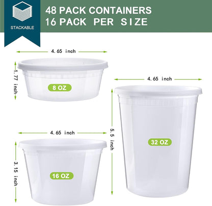 Deli Containers with Lids 48 Sets [8,16, 32 oz 16 Each ] - Food Storage Containers with Lids Freezer Safe, Soup Containers for Restaurant, BPA Free | Portion Control | Leakproof | Microwave