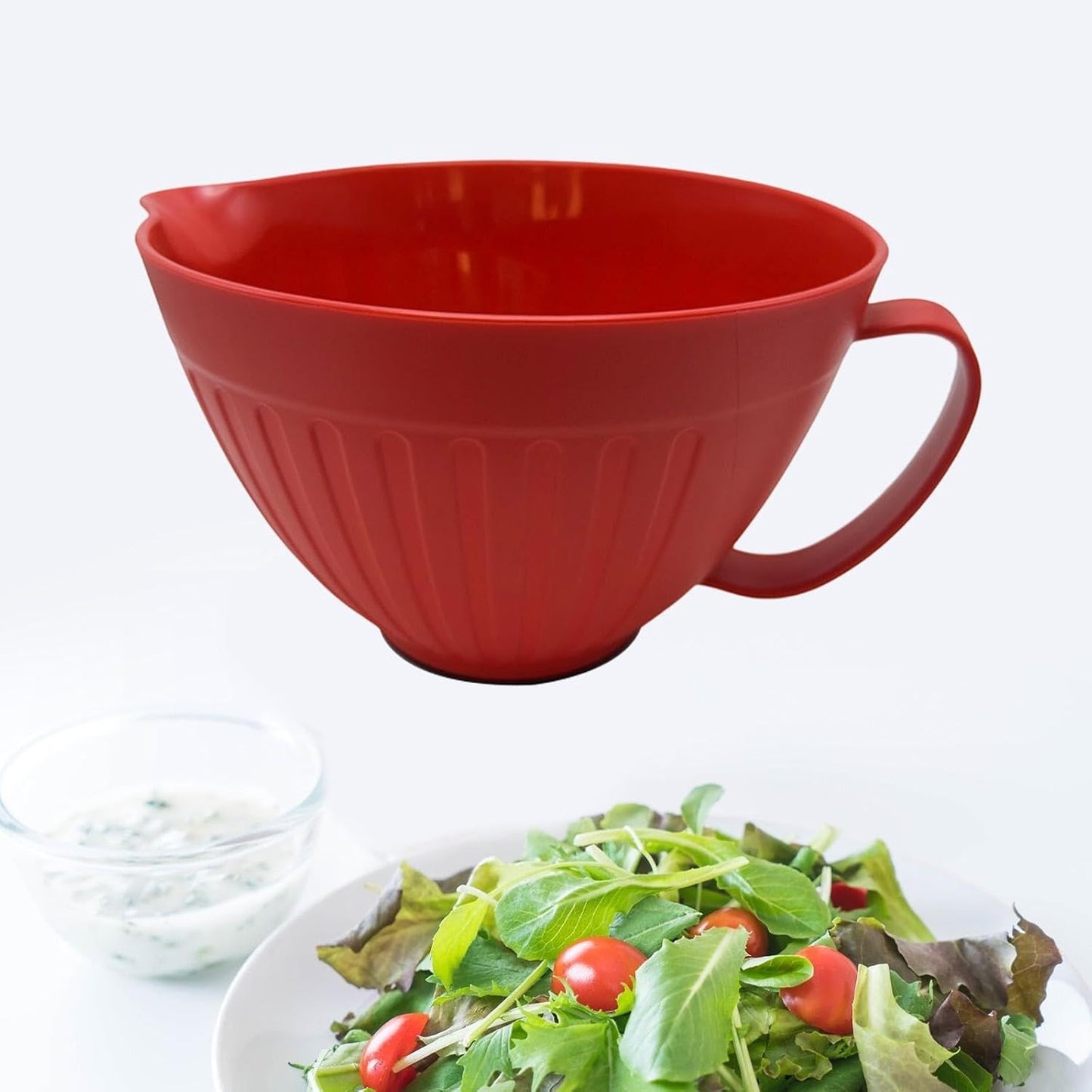 Amagogo 2.32 Qt Mixing Bowl with Pour Spout and Handle, Large Plastic Batter Bowl with Non-Slip Base, Nordic Kitchen Prep Bowl for Baking, Cooking, Salad & Prepping, Red