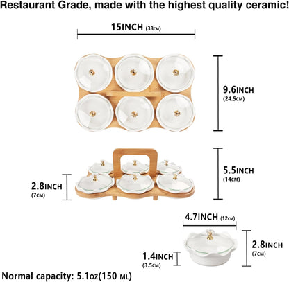 Ceramic Serving Bowls with glass Lids and metal Platter, 3 Removable Dipping Bowls Relish Tray Nuts Dishes for Appetizer, Fruits, Candy & Condiment, Perfect for Party Entertainment