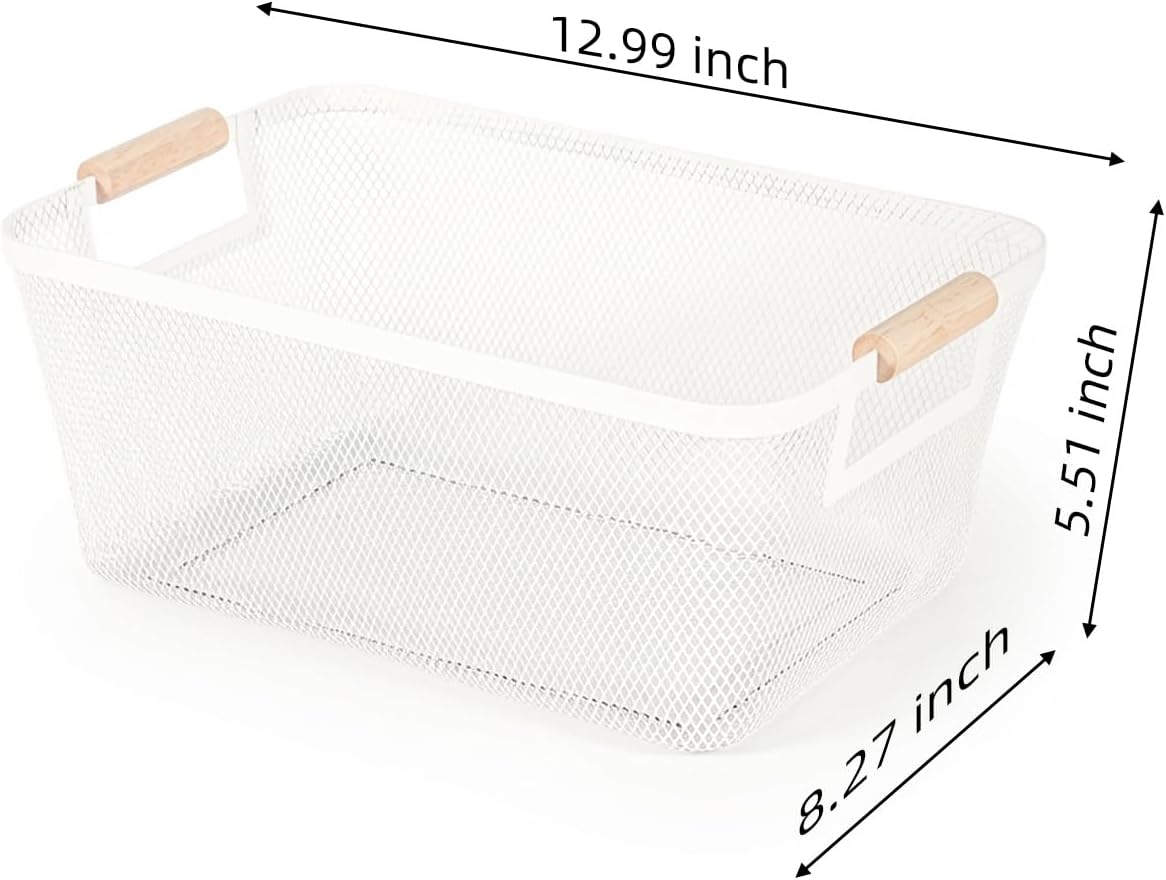 2-Pack Metal Mesh Basket, Large Wire Storage Organizer with Wood Handle for Kitchen Pantry, Bathroom, Cabinet, Closet, Picnic & Home Organization, Large, Black