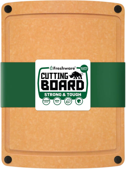 Freshware Wood Cutting Boards for Kitchen, Juice Groove, Non-Slip Silicone Feet, Dishwasher Safe, Medium 12" x 9" and Large, 15" x 11.25", Set of 2, Natural