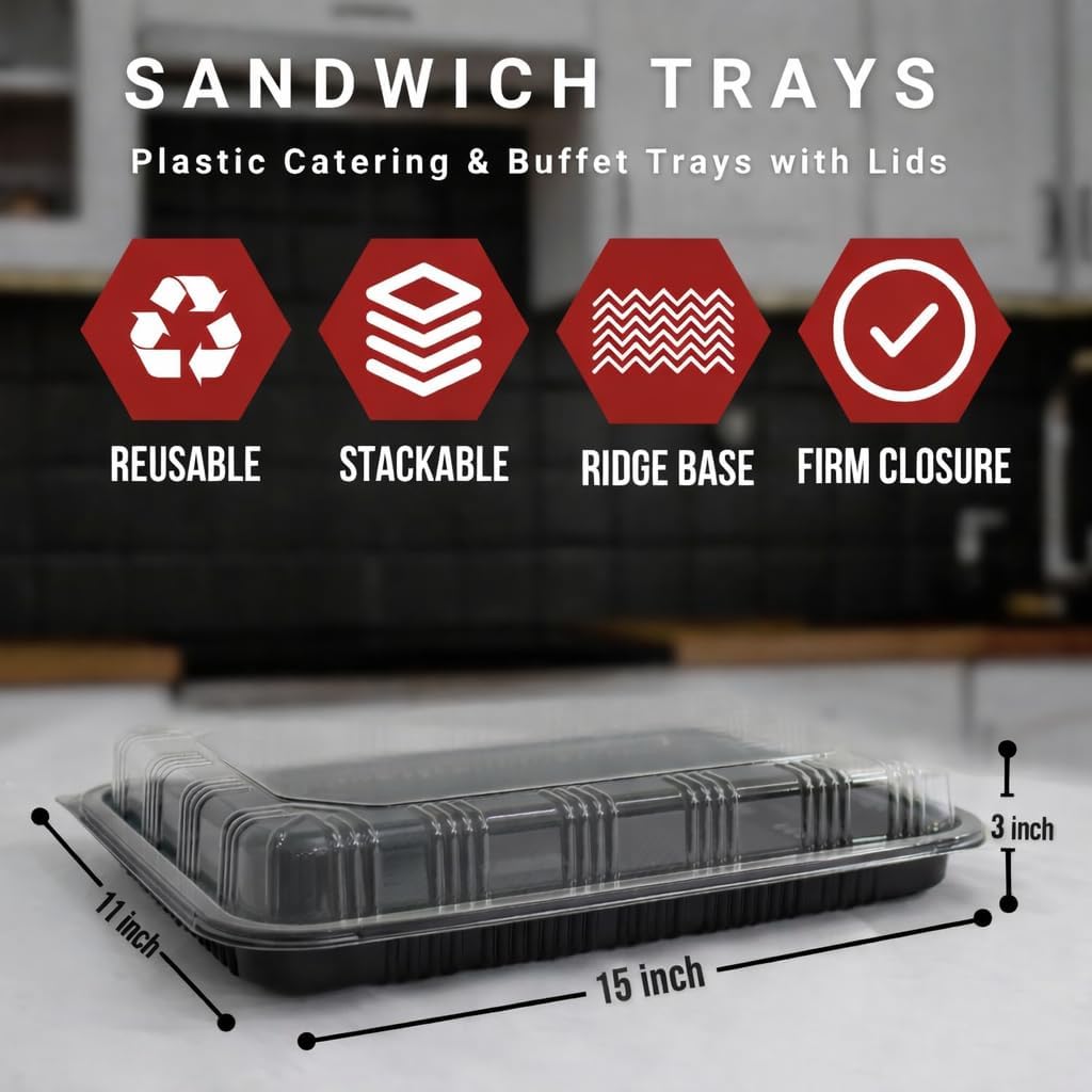 6 Pack Catering Trays with Lid – 13" Serving Trays with Lids - Reusable Serving Platter With Lid for Catering, Buffet, Picnics & Events – Party Trays With Lids (13.39 × 9.84 × 2.95 inch)