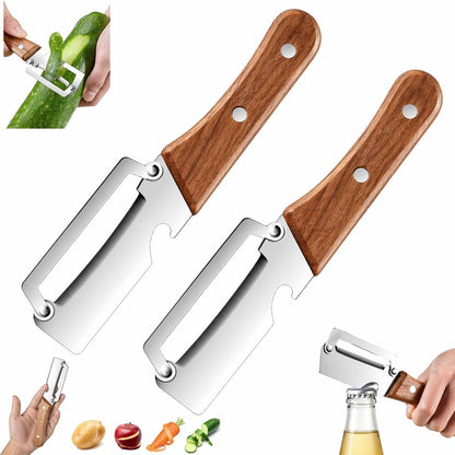 Left & Right Hand Vegetable Peeler Set with Scallion Slicer & Bottle Opener, Heavy-Duty Thick Stainless Steel Blade, Multi-Function Kitchen Peeler with Wooden Handle for Fruits & Vegetables(New 2pcs)