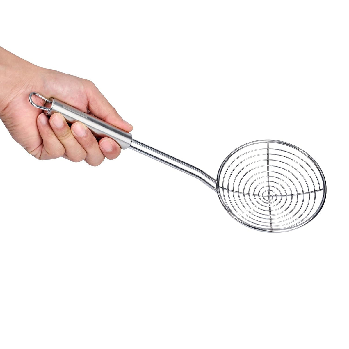 Restaurantware Stainless Steel Spider Skimmer - German Standard Wire Skimmer with Ergonomic Handle, Dishwasher Safe - Wire Strainer Pasta Spoon for Cooking & Frying