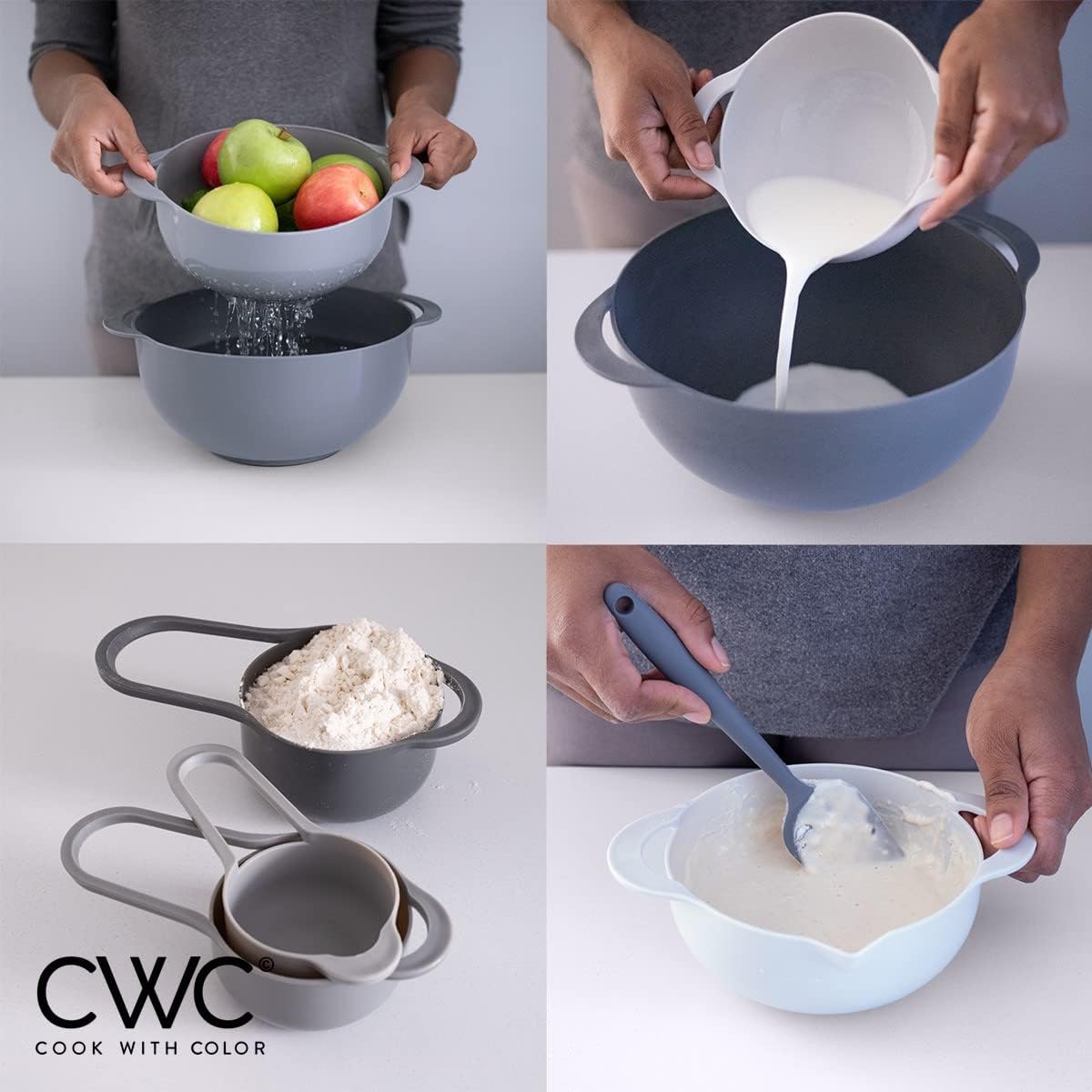 COOK WITH COLOR Nesting Bowls with Measuring Cups Colander and Sifter Set - Includes Mixing Bowls, Colander, Sifter and Measuring Cups, Navy, 8 Pc Bowl