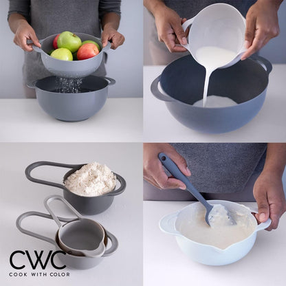 COOK WITH COLOR Nesting Bowls with Measuring Cups Colander and Sifter Set - Includes Mixing Bowls, Colander, Sifter and Measuring Cups, Navy, 8 Pc Bowl