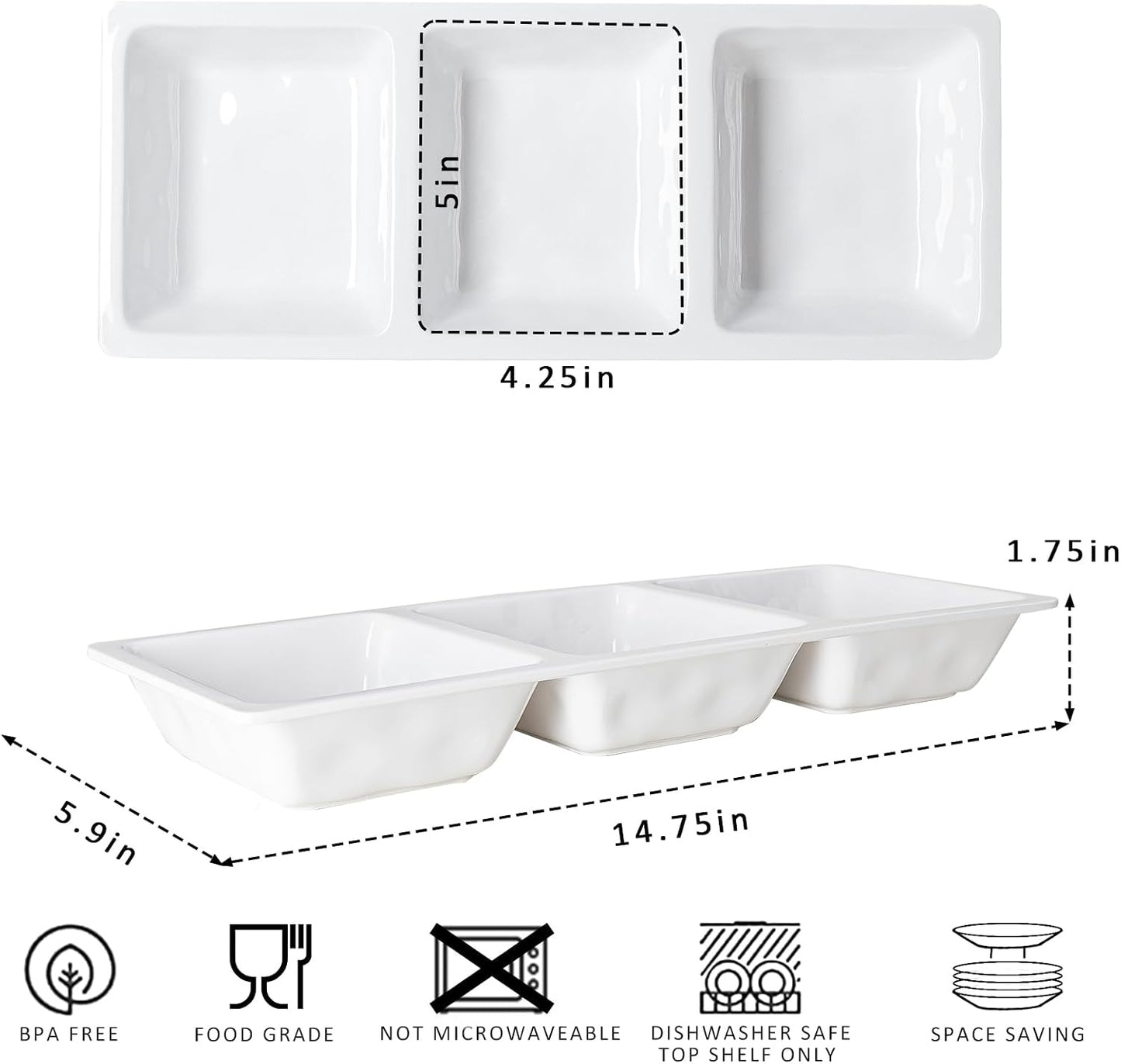 Chip & Dip Serving Tray Set, 4 Sectional Round Melamine Serving Platter, Relish Tray, Round Compartment Appetizer platter for Veggies, Candy and Snacks, Matte Black, Set of 2