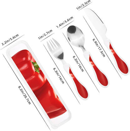 Stainless Steel Kids Silverware Set, Two Red Bell Peppers Utensil Set Reusable Children Safe Knife Spoon Fork Set With Storage Case Dishwasher Safe For Lunch, Travel Outdoors