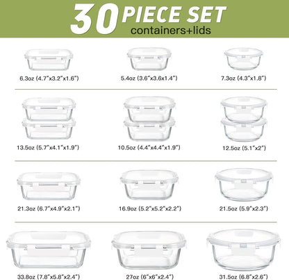 BAYZZ 30 Piece Glass Food Storage Containers Set, Glass Meal Prep Containers with Lids, Airtight Lunch Box, BPA-Free, Microwave, Freezer & Dishwasher Safe