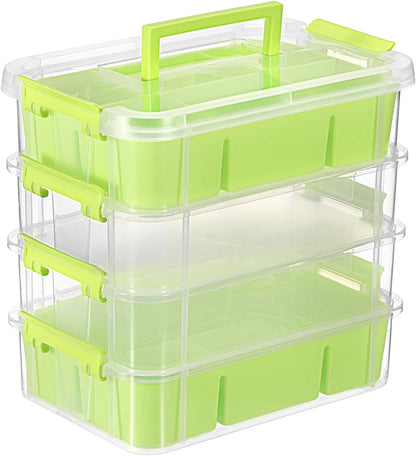 JUXYES 4-Tiers Plastic Stack Carry Storage Containers Box wih Handle Lids | Clear Stackable Latching Storage Bin With 2 Tray for School Office, Organizing Sewing, Art Craft, DIY Supplies, Blue