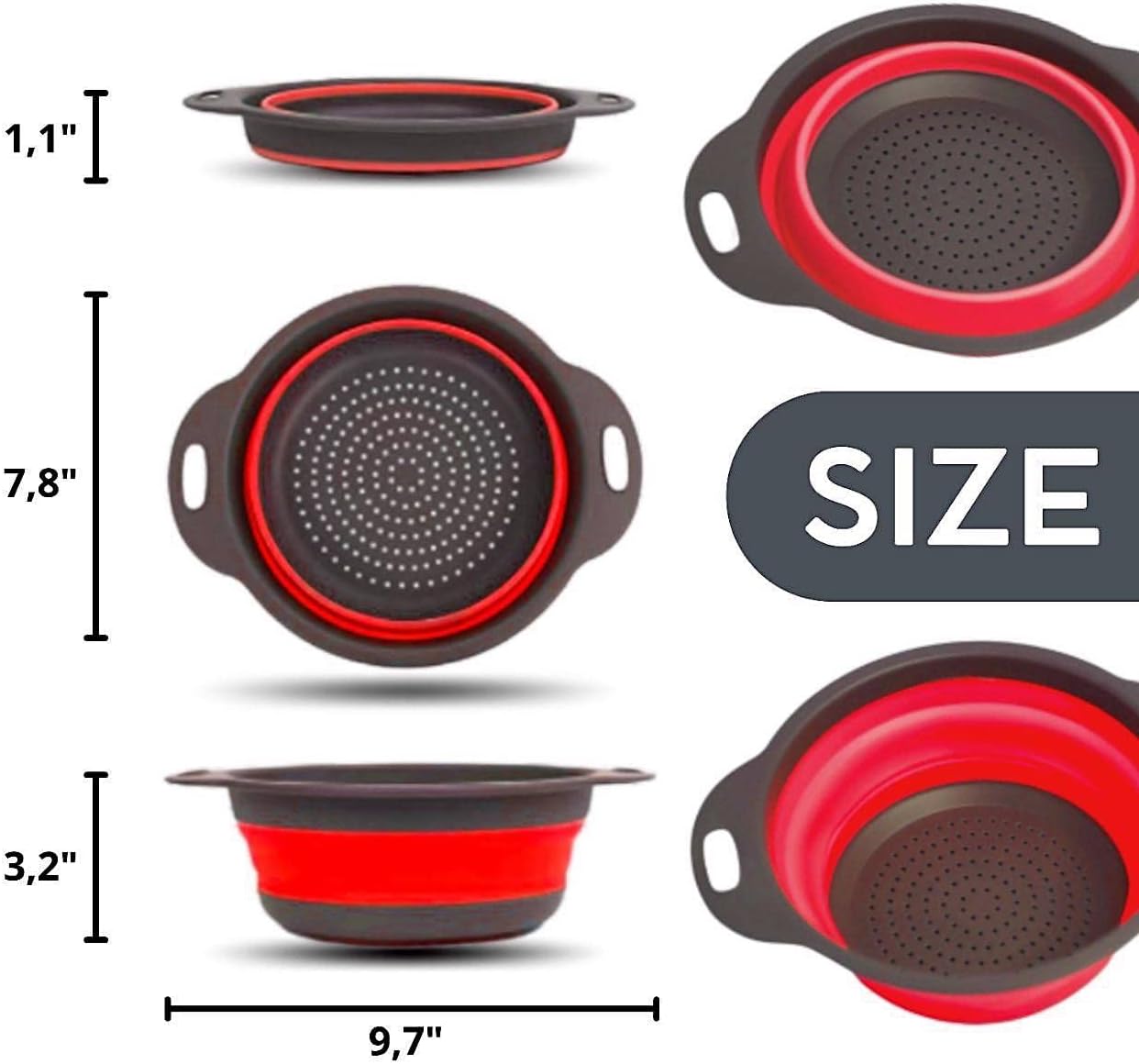 3PCS Green Foldable Kitchen Strainer Set – Silicone Colander Collapsible Strainers and Colanders Green Collander for Kitchen Collapsible Compact Drain Tools for Cooking Prep
