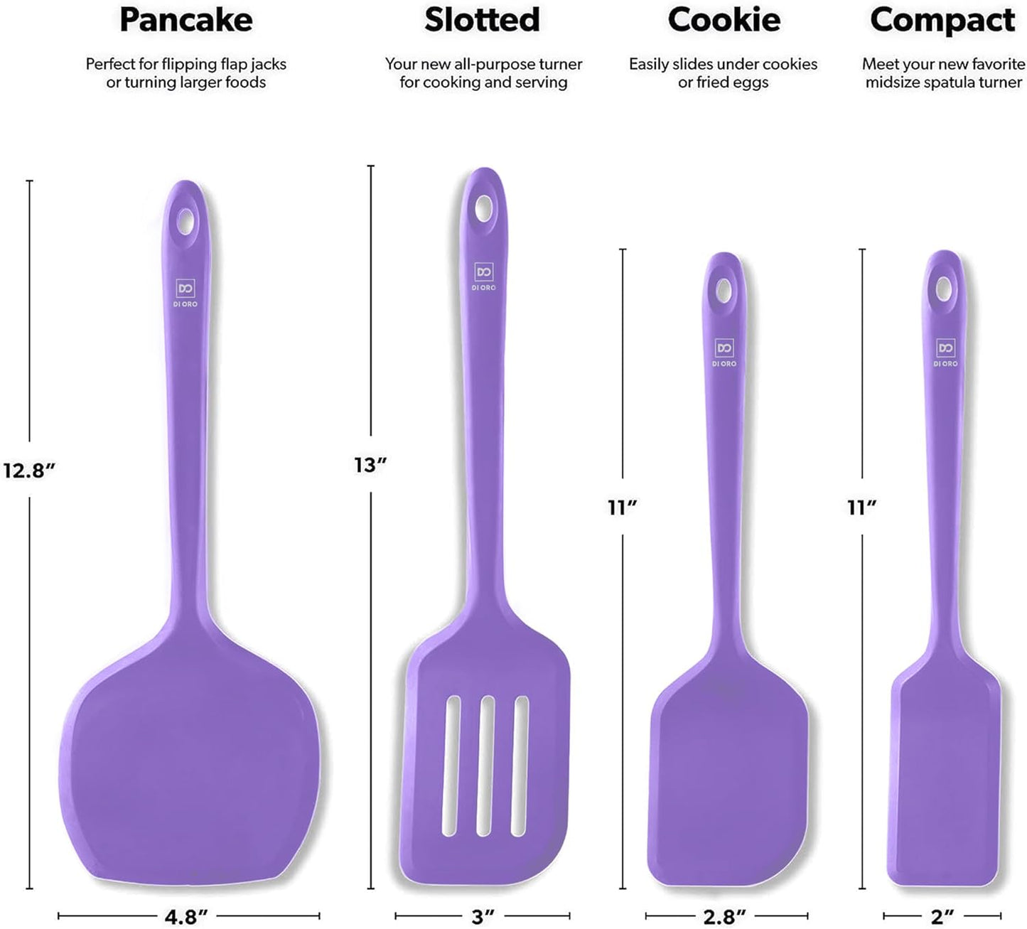 DI ORO Silicone Turner Spatula Set - Kitchen Spatulas for Nonstick Cookware - Cooking Utensils for Flipping Eggs & Pancakes - 600°F Heat-Resistant BPA Free Turners - Dishwasher Safe (4pc, Black)