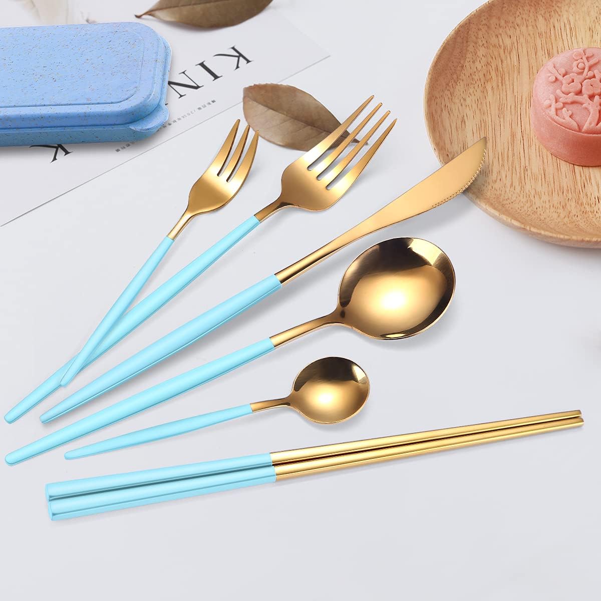 AARAINBOW 8 Pieces Stainless Steel Flatware Set Portable Reusable Cutlery Set Travel Utensils Set Including Chopsticks Knife Fork Spoon Straws Cleaning Brush Dishwasher Safe (Pink Golden)