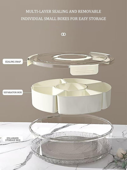 SUNBABA Creative Turntable Storage Organizer Rotating Snack Tray Serving Tray with Lid and Handle Snackle Box Container Removable Nut Case Round Dried Fruit Case
