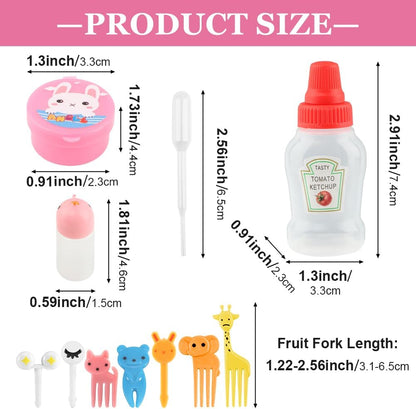 CALIDAKA 55Pcs Kids Bento Box Accessories Including Animal Food Picks Mini Condiment Bottles Ketchup Squeeze Bottle,Salad Dressing Container for Camping Kids Box Accessories