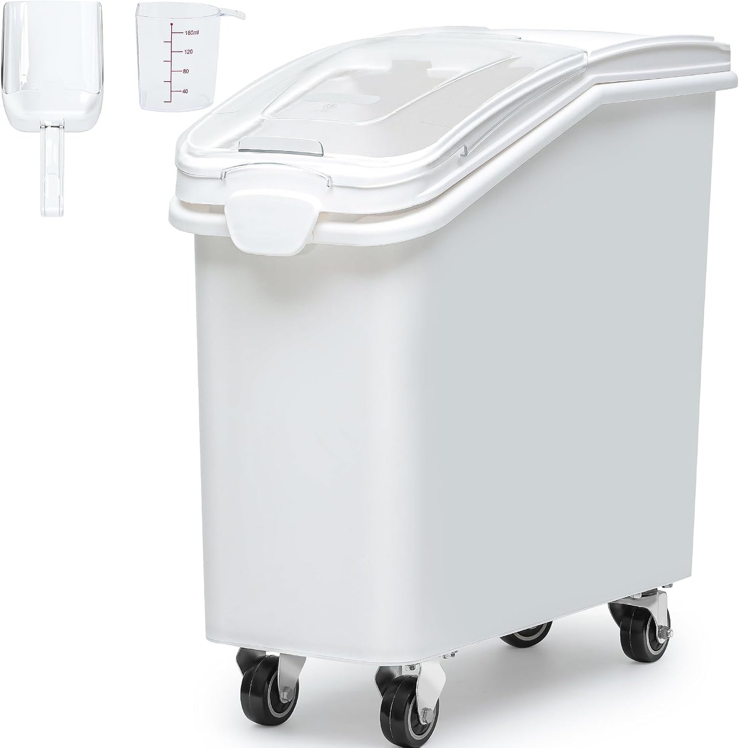 DWVO 21 Gal Large Ingredient Storage Bin, Flour Rice Food Storage Containers Bin with 500 Cups, Commercial Bins with 360° Wheels, Scoop and Lid for Kitchen, White