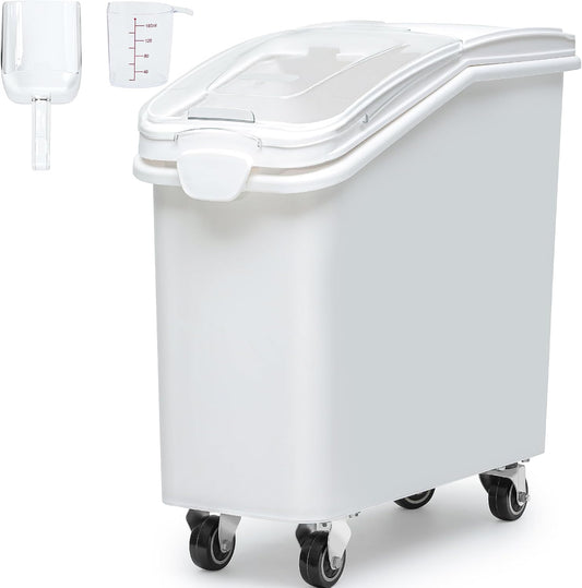 DWVO 21 Gal Large Ingredient Storage Bin, Flour Rice Food Storage Containers Bin with 500 Cups, Commercial Bins with 360° Wheels, Scoop and Lid for Kitchen, White