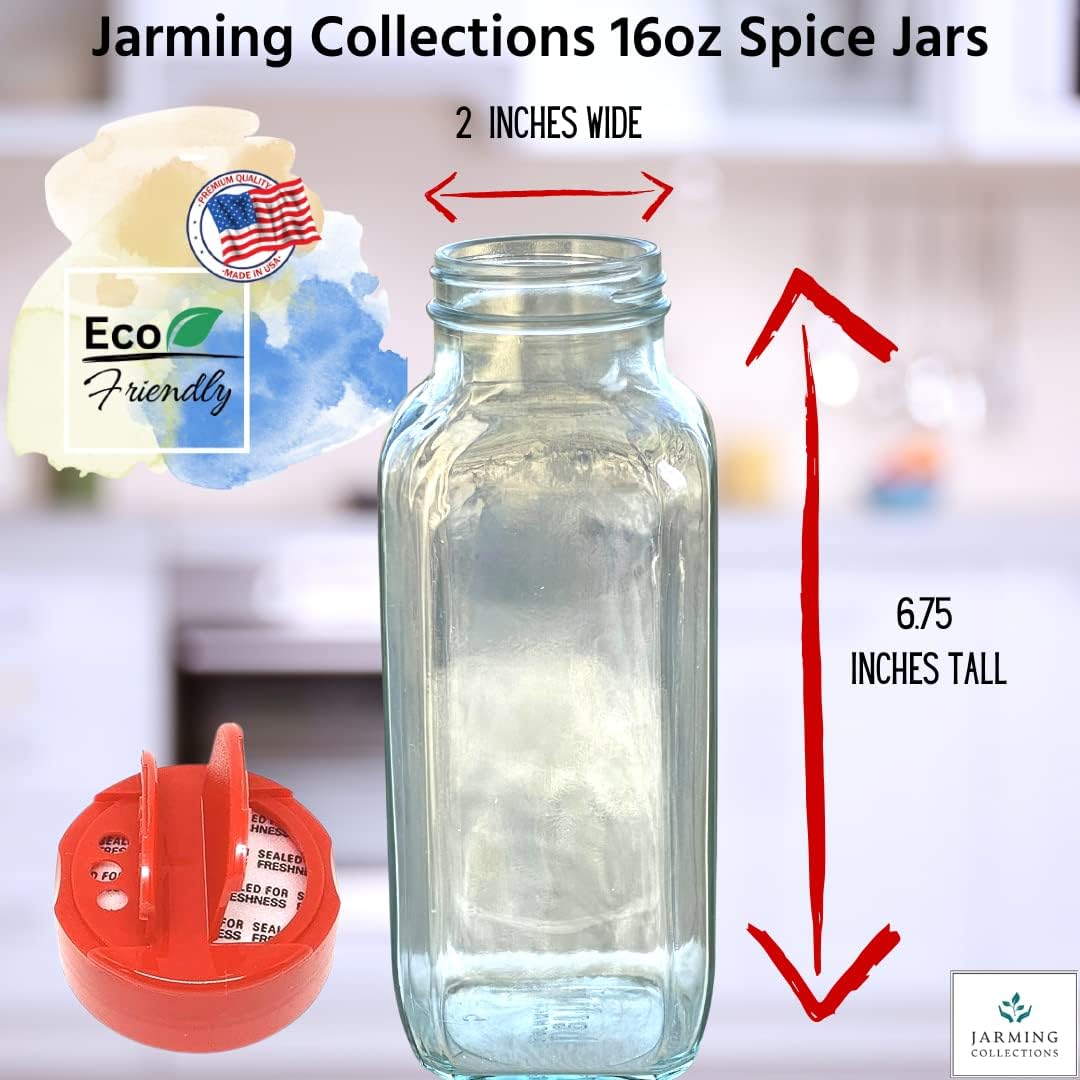 JARMING COLLECTIONS 16oz Glass Spice Shakers with Lids – Large Seasoning Containers with Shaker Tops for Kitchen, Pantry & Herb Storage