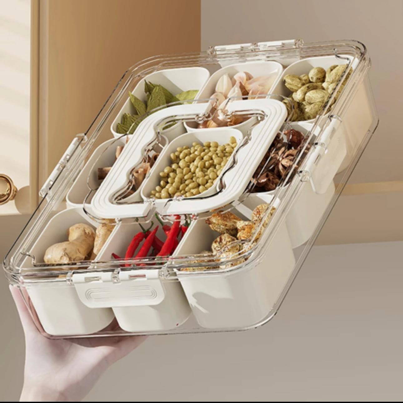 Snackle Box Container, 8 Compartments Divided Serving Tray with Lid and Handle, Portable Snack Box Containers for Veggie Tray Charcuterie Boxes Fruit Storage Candy Organizer (8 Compartments)