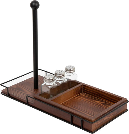 Rustic Brown Wooden Kitchen Countertop Paper Towel Roll Holder Spice Jar Rack Shakers Vintage Brass Metal Design Napkin Dispenser Dining Table Caddy Organizer Condiments Home Outdoor Picnic