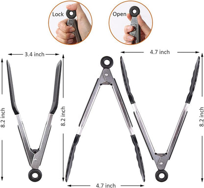 Mini Silicone Serving Tongs Set of 3, Small Kitchen Tongs (7 inch) with Silicone Tips and Stainless Steel Handle, Cooking Tongs for Salads, Pasta, Steaks, Vegetables