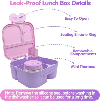 Lunch Box with Bento Box with 4 Compartment, with Leak Proof Thermo Food Jar, Preppy Corduroy Insulated Lunch Bag for Womens Girl Kids Teens School Travel Picnic (Purple)