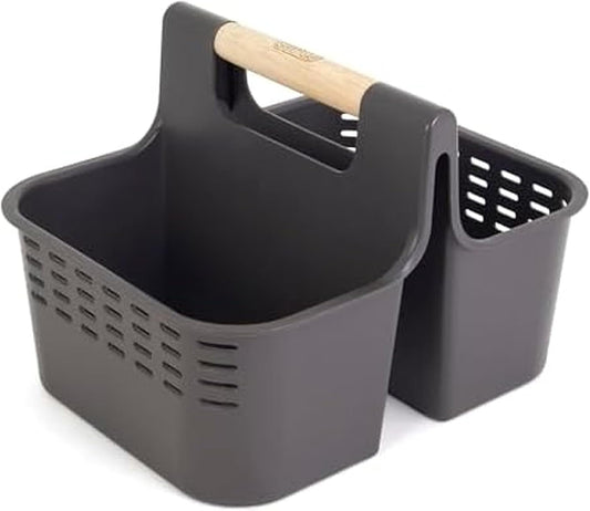 Copco Basics Bathroom and Shower Caddy with Wooden Handle - Charcoal Gray, Dual Compartment Organizer with Ventilation Holes, Portable Tote for Dorm, Home, and Travel Toiletries