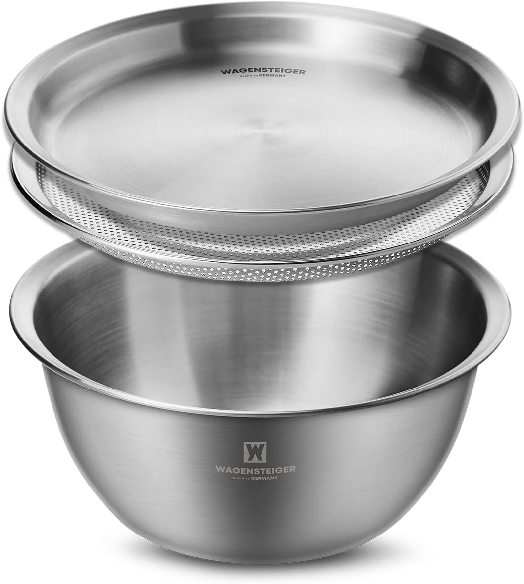 WAGENSTEIGER 3-Piece Stainless Steel Mixing Bowl Set with Strainer & Oil Drain Tray – Nesting Prep & Baking Bowls with Measurement Marks (9.45 in)