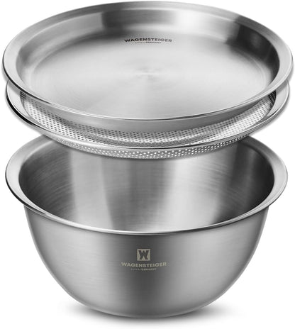 WAGENSTEIGER 3-Piece Stainless Steel Mixing Bowl Set with Strainer & Oil Drain Tray – Nesting Prep & Baking Bowls with Measurement Marks (9.45 in)