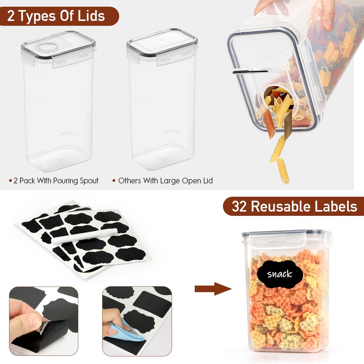 JUJOJB 64 PCS Airtight Food Storage Containers With Lids BPA Free,6 Pack With Pouring Spout Cereal Containers Storage for Kitchen Pantry Organization and Storage,Dishwasher safe,Labels Marker