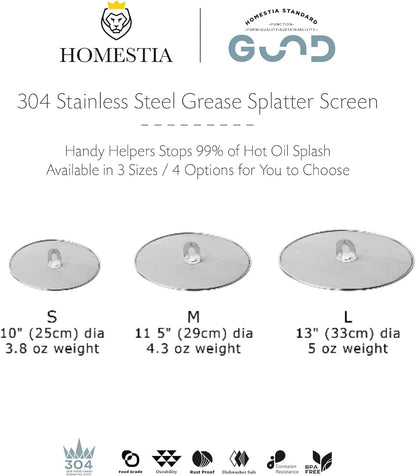 Homestia Splatter Screen for Kitchen, Stainless Steel Fine Mesh Splatter Screen for Frying Pan, 10” Grease Splatter Guard with Fold Flat Knob
