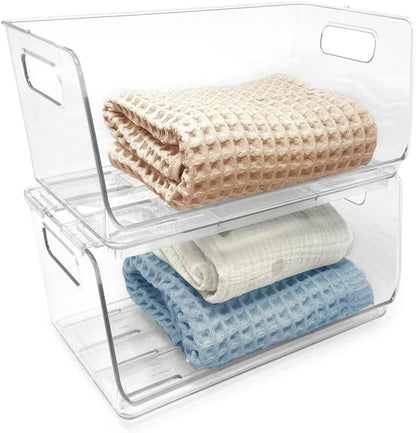 Isaac Jacobs 2-Piece (16" x 12" x 6.1") X-Large Wide Stackable Clear Storage Bins w/Open Front, Versatile Use, Set of 2, Desk, Office, Bathroom, Bedroom, Closet