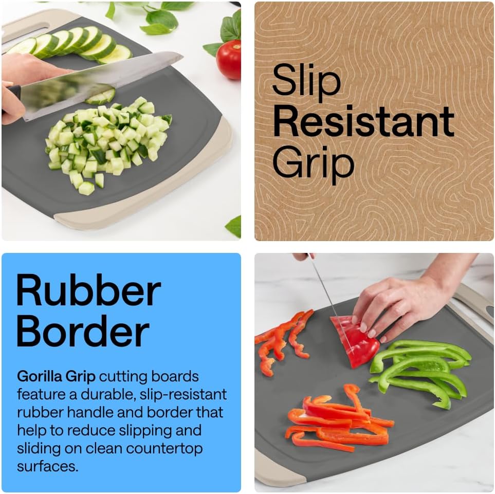 GORILLA GRIP BPA-Free Reversible Kitchen Cutting Board Set of 3, US Designed, Nonporous, Juice Grooves Catch Liquid, Slip Resistant Border, Dishwasher Safe, Durable Large Food Chopping Boards, Black