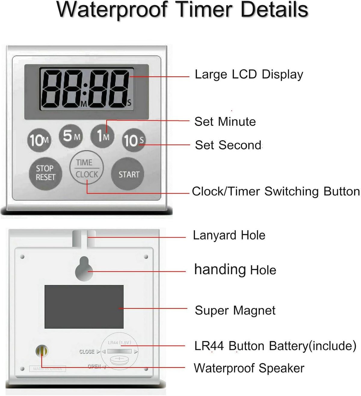 Digital Timer Waterproof Shower Timer Shower Clock Bathroom Kitchen Timer with Strong Magnet and Large LCD Display (Waterproof 7 Key)