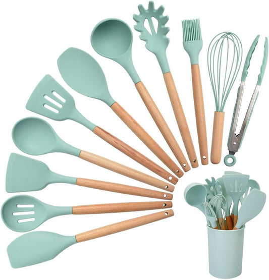 Silicone Kitchen Utensil Set, 11-Piece Non-Stick Safe Cooking Tools with Wooden Handles & Holder - Includes Spatula, Ladle, Tongs, Spoon, Whisk, Pasta Server - Heat Resistant up to 446°F