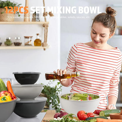 BoxedHome BPA Free Plastic Round Mixing Bowl with Lids, 12 Pack Nesting Bowls with Lids Set, Microwave and Dishwasher Safe Prep & Serving Bowls Great for Mixing, Baking, Serving (pinkish green, 12pcs)