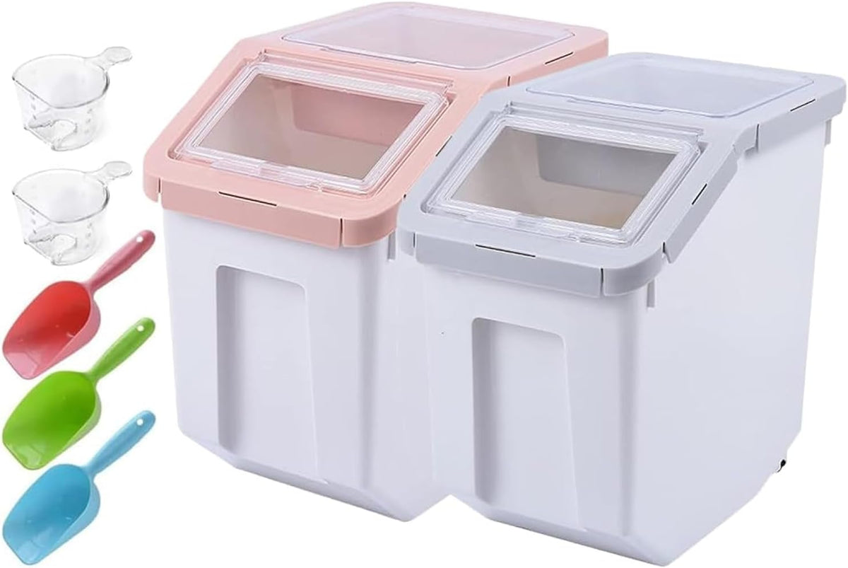 RUIAN Dog Food Storage Container Airtight Dry Cat Food Bin with Measuring Cup and Handle, Holds About 10-20 lb Depending on Kibble Size, BPA Free Pet Food Storage Container(Grey&Pink, 2Pcs)