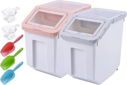 RUIAN Dog Food Storage Container Airtight Dry Cat Food Bin with Measuring Cup and Handle, Holds About 10-20 lb Depending on Kibble Size, BPA Free Pet Food Storage Container(Grey&Pink, 2Pcs)