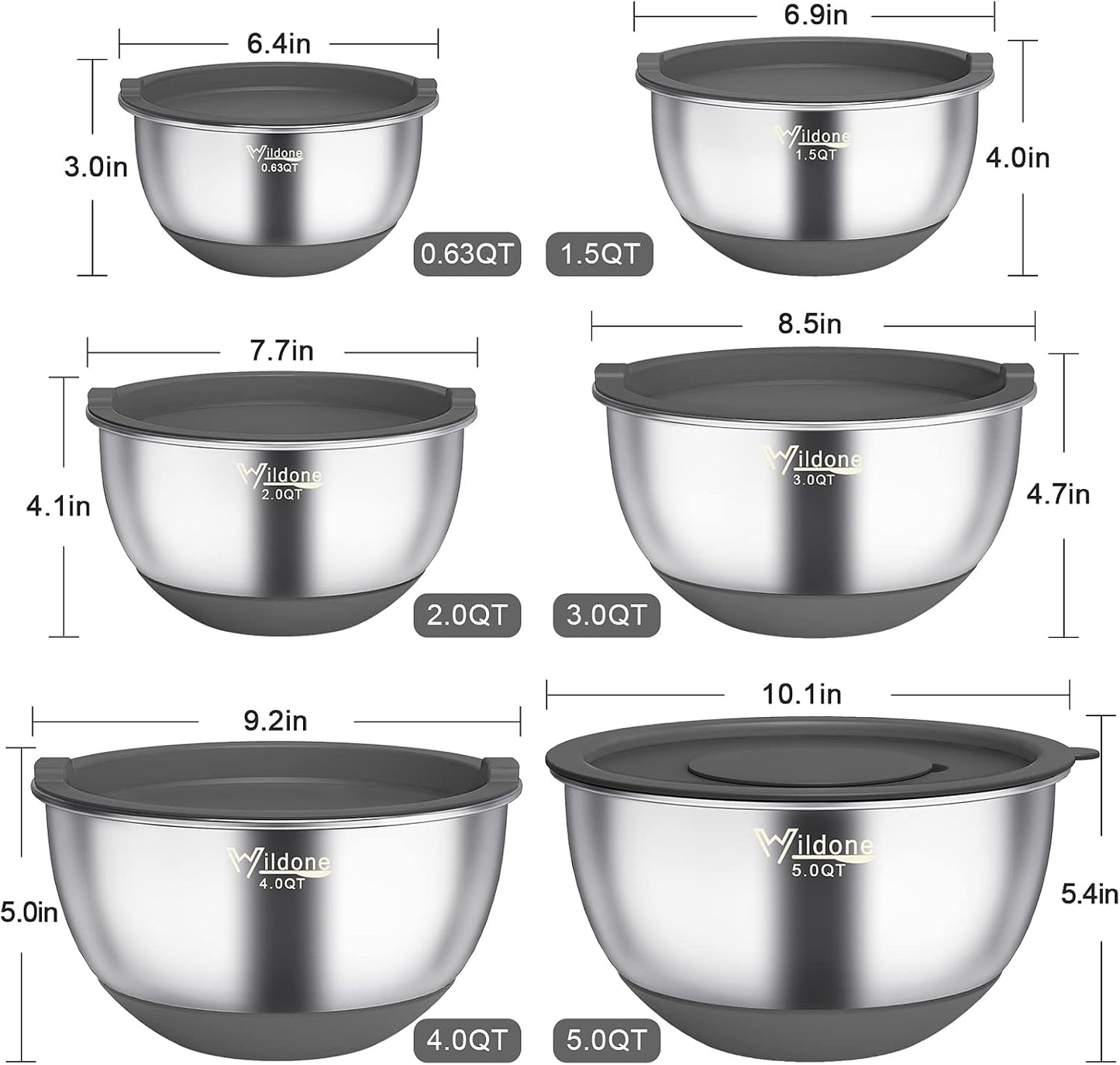 Wildone Mixing Bowls with Airtight Lids, 22 PCS Stainless Steel Nesting Bowls, with 3 Grater Attachments, Scale Marks & Non-Slip Bottom, Size 5, 4, 3, 2,1.5, 0.63QT, Ideal for Mixing & Prepping