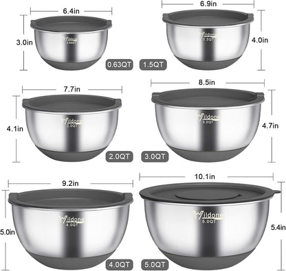 Wildone Mixing Bowls with Airtight Lids, 22 PCS Stainless Steel Nesting Bowls, with 3 Grater Attachments, Scale Marks & Non-Slip Bottom, Size 5, 4, 3, 2,1.5, 0.63QT, Ideal for Mixing & Prepping